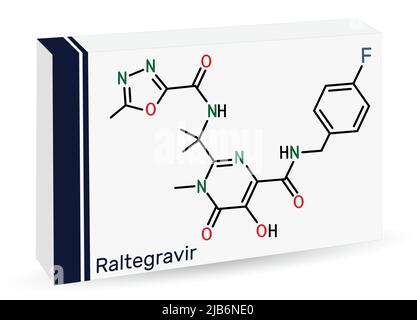 RALTEGRAVIR, RAL-Molekül. Es handelt sich um antiretrovirale Medikamente, die zur Behandlung von HIV und AIDS verwendet werden. Chemische Formel des Skeletts. Papierverpackungen für Medikamente. Vektorgrafik Stock Vektor