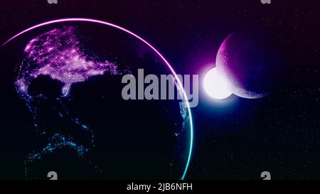 Solider zweifarbiger Gradient wunderschöner kosmischer Hintergrund mit Erde und Mond, die America City und einem hellen Sonnenstern erstrahlen lassen. 3D Render, 3D Illustration Stockfoto