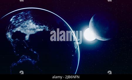 Solider zweifarbiger Gradient wunderschöner kosmischer Hintergrund mit Erde und Mond, die America City und einem hellen Sonnenstern erstrahlen lassen. 3D Render, 3D Illustration Stockfoto