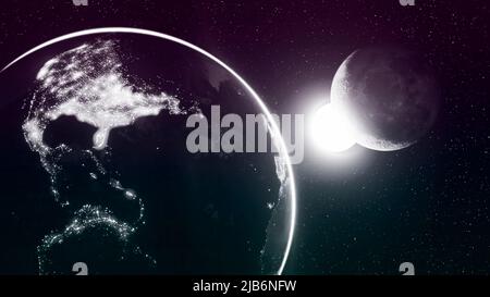 Solider zweifarbiger Gradient wunderschöner kosmischer Hintergrund mit Erde und Mond, die America City und einem hellen Sonnenstern erstrahlen lassen. 3D Render, 3D Illustration Stockfoto