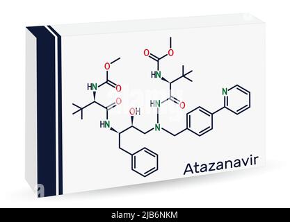 Atazanavir-Molekül. Es handelt sich um antiretrovirale Medikamente, die zur Behandlung von HIV verwendet werden. Chemische Formel des Skeletts. Papierverpackungen für Medikamente. Vektorgrafik Stock Vektor