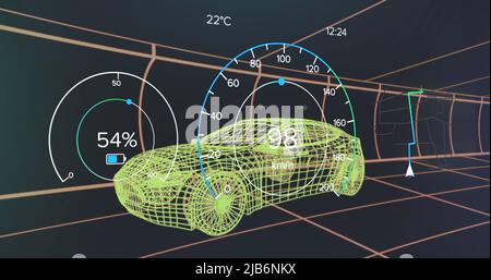 Bild von Tachometer, gps und Ladezustandsdaten auf Fahrzeugschnittstelle, über 3D Automodell Stockfoto