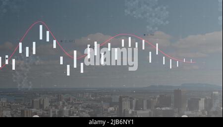 Zusammengesetztes Bild der statistischen Datenverarbeitung gegen Luftaufnahme des Stadtbildes Stockfoto