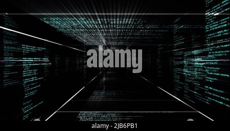 Bild der Datenverarbeitung und Lichtspuren auf schwarzem Hintergrund Stockfoto