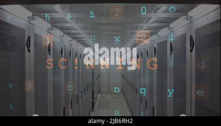 Abbildung der Warnung vor einem Cyber-Angriff über dem Serverraum Stockfoto Abbildung der Warnung vor einem Cyber-Angriff über dem Serverraum Stockfoto