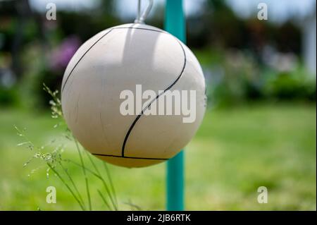 Tetherball sitzt untätig neben der Stange in einem Hinterhof. Stockfoto