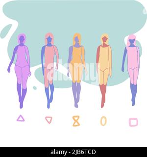 Ein Satz weiblicher Figurentypen, fünf Typen. Sanduhr, X-Silhouette. Birne, Typ A. Rechteckige, H-förmige Silhouette. Apfel, O-förmig. Invertiert Stock Vektor