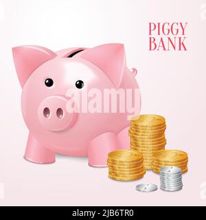 Lustige rosa Sparschwein Spardose mit Münzen und Geld-Turm-print Vektor-illustration Stock Vektor