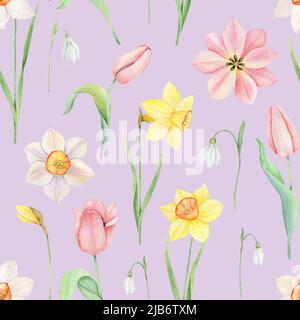 Nahtloses Blumenmuster. Aquarell rosa Tulpe, gelbe und weiße Narzissen Ornament. Handgezeichnete Federdarstellung für Stoff, Geschenkpapier Stockfoto