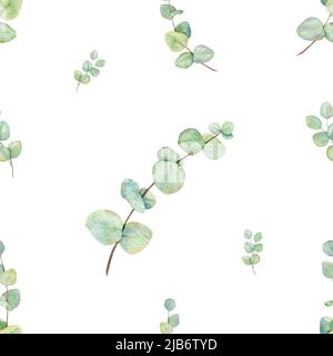 Eukalyptus-Nahtloses Muster. Handgezeichnete Aquarell-Grün-Illustration für Stoff, Laub-Geschenkpapier auf weißem Hintergrund Stockfoto