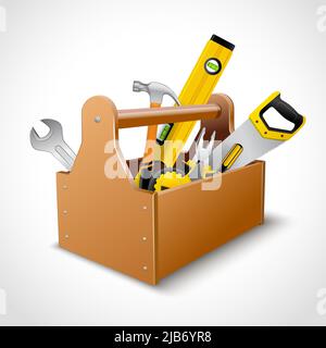 Dekorative realistische hölzerne Toolbox Konzept Emblem Poster mit sah Hammer Schraubenschlüssel und Ebene Vektor-illustration Stock Vektor