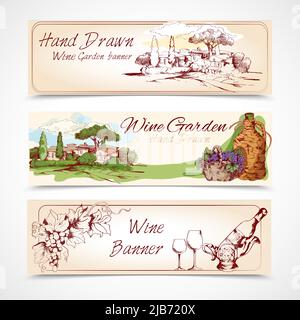 Handgezeichnetes Weingarten Banner mit Traubenhaus Flasche Elemente isoliert Vektor-Illustration Stock Vektor