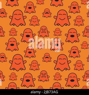 Niedliche Geist nahtlose Muster Design Vorlage. Flache Zeichen Vektor-Illustration. Umriss Design-Stil mit orangen Farbthema. Stock Vektor