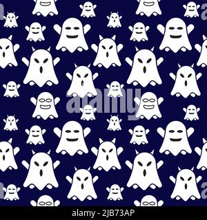 Niedliche Ghost nahtlose Muster Design Vorlage. Vektorgrafik für flache Zeichen. Dunkelblauer Hintergrund. Stock Vektor