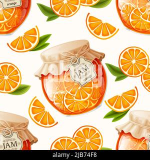 Natürliche organische orange Scheiben Marmelade Glas und Blätter nahtlose Muster Vektor Illustration Stock Vektor