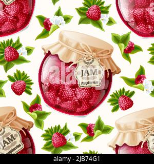 Natürliche organische Wald Himbeere Beeren Marmelade Glas und Blätter nahtlose Muster Vektor Illustration. Stock Vektor
