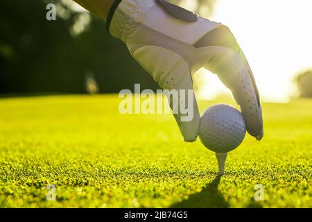 Nahaufnahme eines Golfspielers, der mit Handschuhen den Golfball auf einem Abschlag auf dem Golfplatz platziert Stockfoto