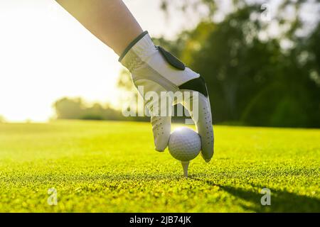 Nahaufnahme eines Golfspielers, der mit Handschuhen den Golfball auf einem Abschlag auf dem Golfplatz platziert Stockfoto