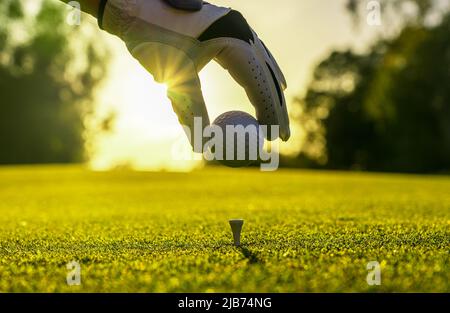 Nahaufnahme eines Golfspielers, der mit Handschuhen den Golfball auf einem Abschlag auf dem Golfplatz platziert Stockfoto