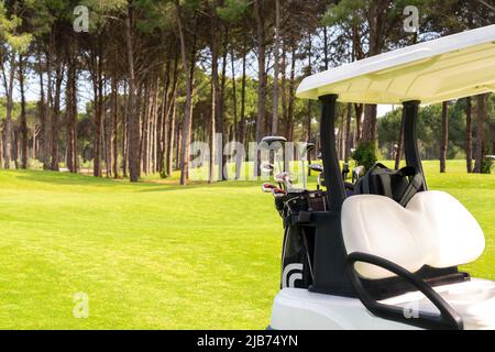Satz von Golfschlägern in Golftaschen auf der Rückseite eines Golfwagens auf einem wunderschönen Golfplatz Stockfoto