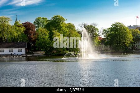 Ein Brunnen am See im Byparken Park in der Innenstadt von Stavanger, am frühen Morgen des Tag der Verfassung, Norwegen, 17. Mai 2018 Stockfoto