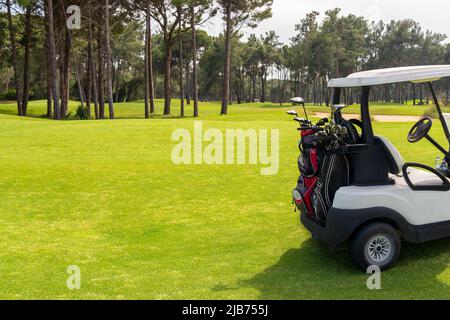 Satz von Golfschlägern in Golftaschen auf der Rückseite eines Golfwagens auf einem wunderschönen Golfplatz Stockfoto