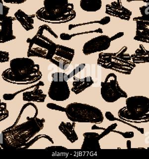 Dekorative Retro-Kaffee-Set mit Mühle Bohnen Zucker nahtlose Hintergrund Verpackung Papier handgezeichnet Design Doodle Vektor Illustration Stock Vektor