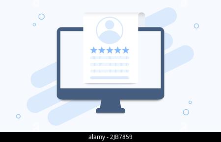 Computer mit einer Liste von Kundenbewertungen in einem flachen Design. Vorlage für Kundenbesprechung, Zeugenaussage, Feedback oder Benachrichtigung. Vektor Stock Vektor