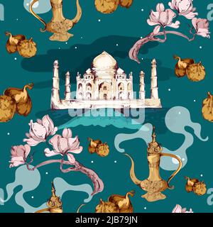 Ost nahtlose Muster mit taj mahal und antiken Tee-Topf Vektor-Illustration Stock Vektor