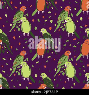 Vektor nahtloses Muster mit Lovebirds. Lebendiges Design mit bunten Papageien. Stock Vektor