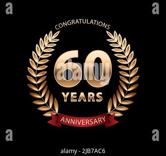 60 Jahre goldener Lorbeerkranz zum Jubiläum. Logo zur Jubiläumsfeier. Vektorgrafik kann bearbeitet werden Stock Vektor