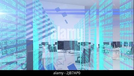 Bild von biometrischen Fingerabdrücken und Datenverarbeitung über Computern auf Bürotischen Stockfoto