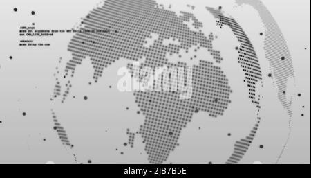 Bild der Datenverarbeitung über einem rotierenden Globus auf grauem Hintergrund Stockfoto