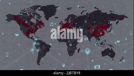 Digitales zusammengesetztes Bild des Netzwerks von Verbindungen mit Schnittstellensymbolen gegen Weltkarte Stockfoto