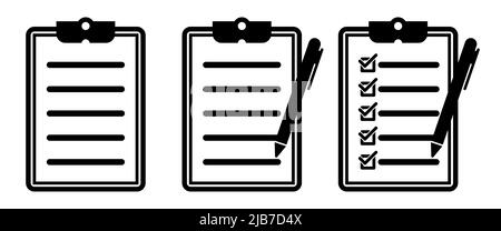 Zwischenablage mit Stiftsymbol-Set. Vektorsymbole umreißen. Checkliste mit Stift-Vektor-Symbol. Stock Vektor