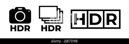 Satz von HDR-Umrissvektorsymbol. Symbol für hohen Dynamikbereich eingestellt. Schwarzes HDR-Symbol, flacher Vektor, einfache Elementdarstellung. Stock Vektor