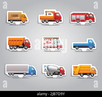 Realistische LKW LKW Transport van Auto Papier Aufkleber setzen isolierte Vektor-Illustration Stock Vektor