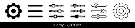 Einstellung des schwarzen Symbols festgelegt. Isolierte Optionssymbole auf weißem Hintergrund. Zahnradeinstellungen, grundlegende App-Optionen. Konfigurieren Sie die ausgefüllte Glyphe und den Umriss. Vecto Stock Vektor
