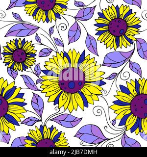 Nahtloses Blumenmuster aus gelb-blauen Sonnenblumen, helles, sich wiederholendes Muster, ukrainisches Thema, Textur Stock Vektor