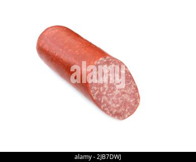 Ein halber Teil des Wurstsalami-Cervelat auf Weiß isoliert Stockfoto