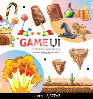Flache Spiel Elemente Vorlage mit Eis Lutscher Süßigkeiten Hexe Hut Gift Flasche Buch Kerzen Voodoo Puppe Inseln in Luft Wüste Explosion Vektor i Stock Vektor