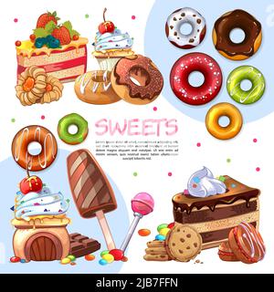 Cartoon süße Produkte Vorlage mit Kuchen Donuts bunte Süßigkeiten Eis Makronen Lollipop Kekse Schokolade Bar Vektor Illustration Stock Vektor