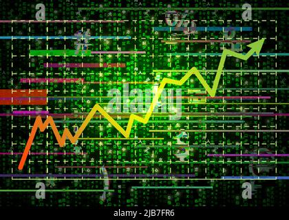 Glitch Green Matrix Symbole mit Grow Trade Graph Stock Vektor