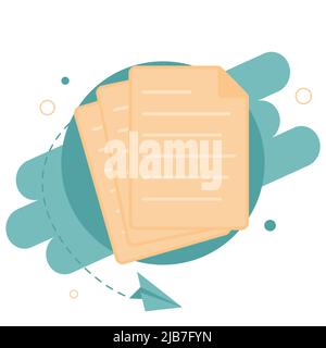 Papierlisten-Dokumentsymbol mit Papierflugzeug im flachen Cartoon-Stil. Dateien werden gesendet. Vektor Stock Vektor