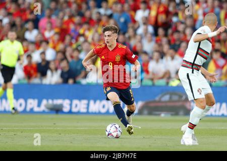 Sevilla, Spanien. 2.. Juni 2022. Gavi (ESP) Fußball/Fußball : UEFA Nations League Gruppenphase für das letzte Turnier Gruppe A2 Matchday 1 zwischen Spanien 1-1 Portugal im Estadio Benito Villamarin in Sevilla, Spanien . Quelle: Mutsu Kawamori/AFLO/Alamy Live News Stockfoto