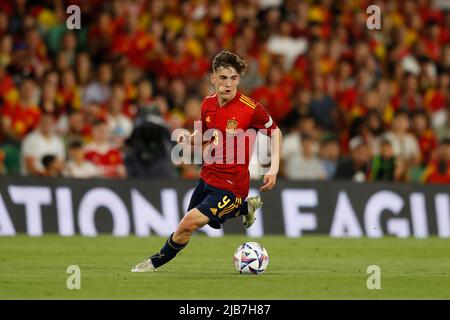 Sevilla, Spanien. 2.. Juni 2022. Gavi (ESP) Fußball/Fußball : UEFA Nations League Gruppenphase für das letzte Turnier Gruppe A2 Matchday 1 zwischen Spanien 1-1 Portugal im Estadio Benito Villamarin in Sevilla, Spanien . Quelle: Mutsu Kawamori/AFLO/Alamy Live News Stockfoto