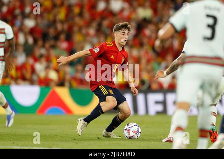 Sevilla, Spanien. 2.. Juni 2022. Gavi (ESP) Fußball/Fußball : UEFA Nations League Gruppenphase für das letzte Turnier Gruppe A2 Matchday 1 zwischen Spanien 1-1 Portugal im Estadio Benito Villamarin in Sevilla, Spanien . Quelle: Mutsu Kawamori/AFLO/Alamy Live News Stockfoto