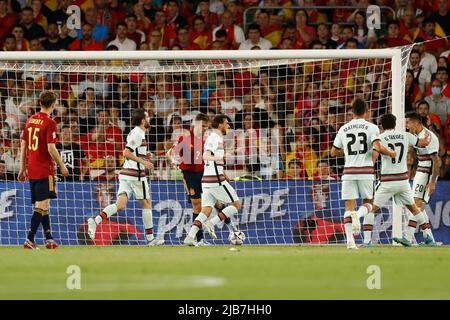 Sevilla, Spanien. 2.. Juni 2022. Ricardo Horta (POR) Fußball/Fußball : Horta feiern nach seinem Tor während der UEFA Nations League Gruppenphase für das letzte Turnier Gruppe A2 Matchday 1 zwischen Spanien 1-1 Portugal im Estadio Benito Villamarin in Sevilla, Spanien . Quelle: Mutsu Kawamori/AFLO/Alamy Live News Stockfoto