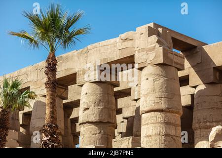 Verschiedene Säulen mit Hieroglyphen im Karnak Tempel. Karnak Tempel ist der größte Komplex im alten Ägypten. Stockfoto