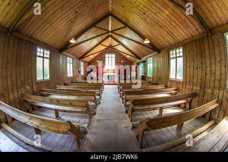 Fisheye Blick auf die Mission Church Innenraum, Avoncroft Museum, Bromsgrove. Stockfoto